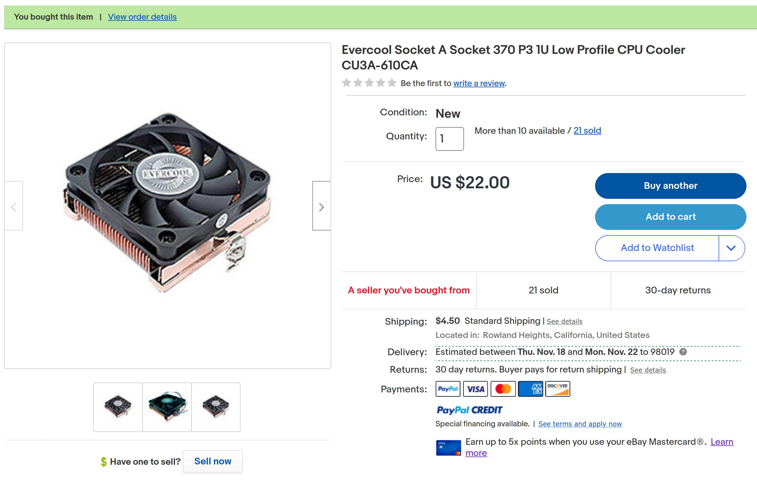 Evercool Socket A/Socket 370 low profile fan/heatsink, CU3A-610CA.