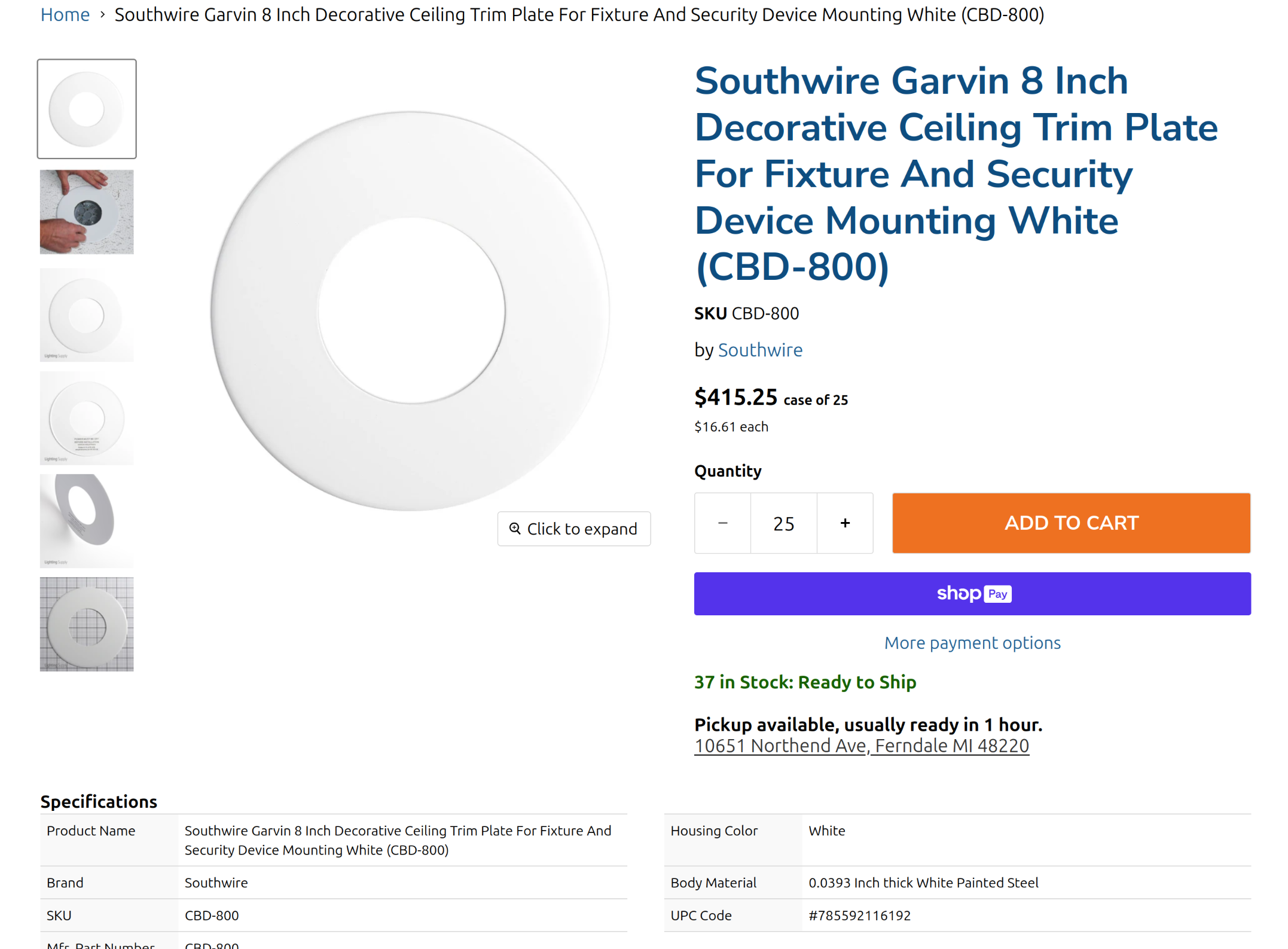 Southwire Garvin 8 Inch Decorative Ceiling Trim Plate For Fixture And Security Device Mounting White (CBD-800)