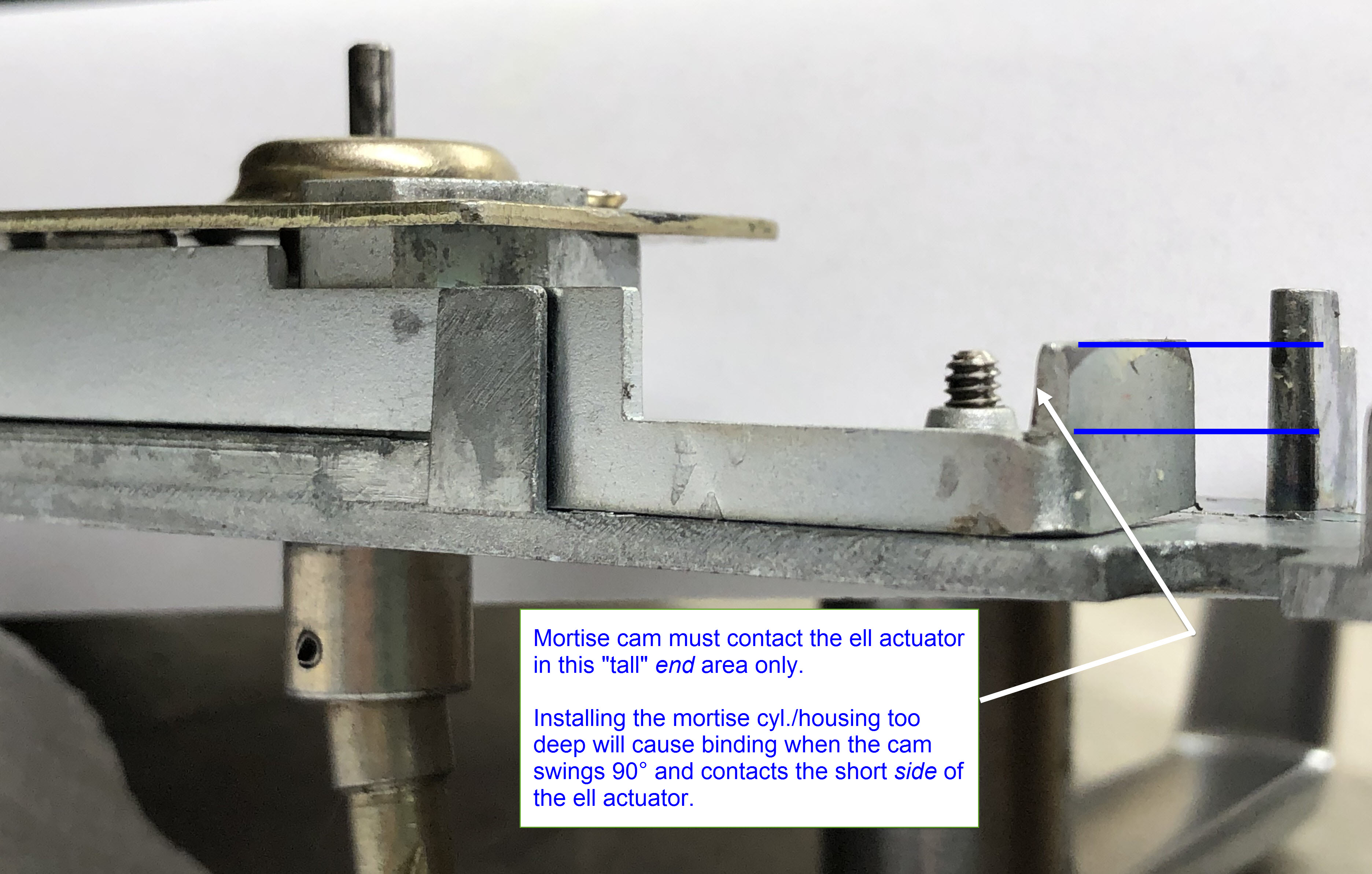 Side view of ell actuator, showing allowable cam contact area.