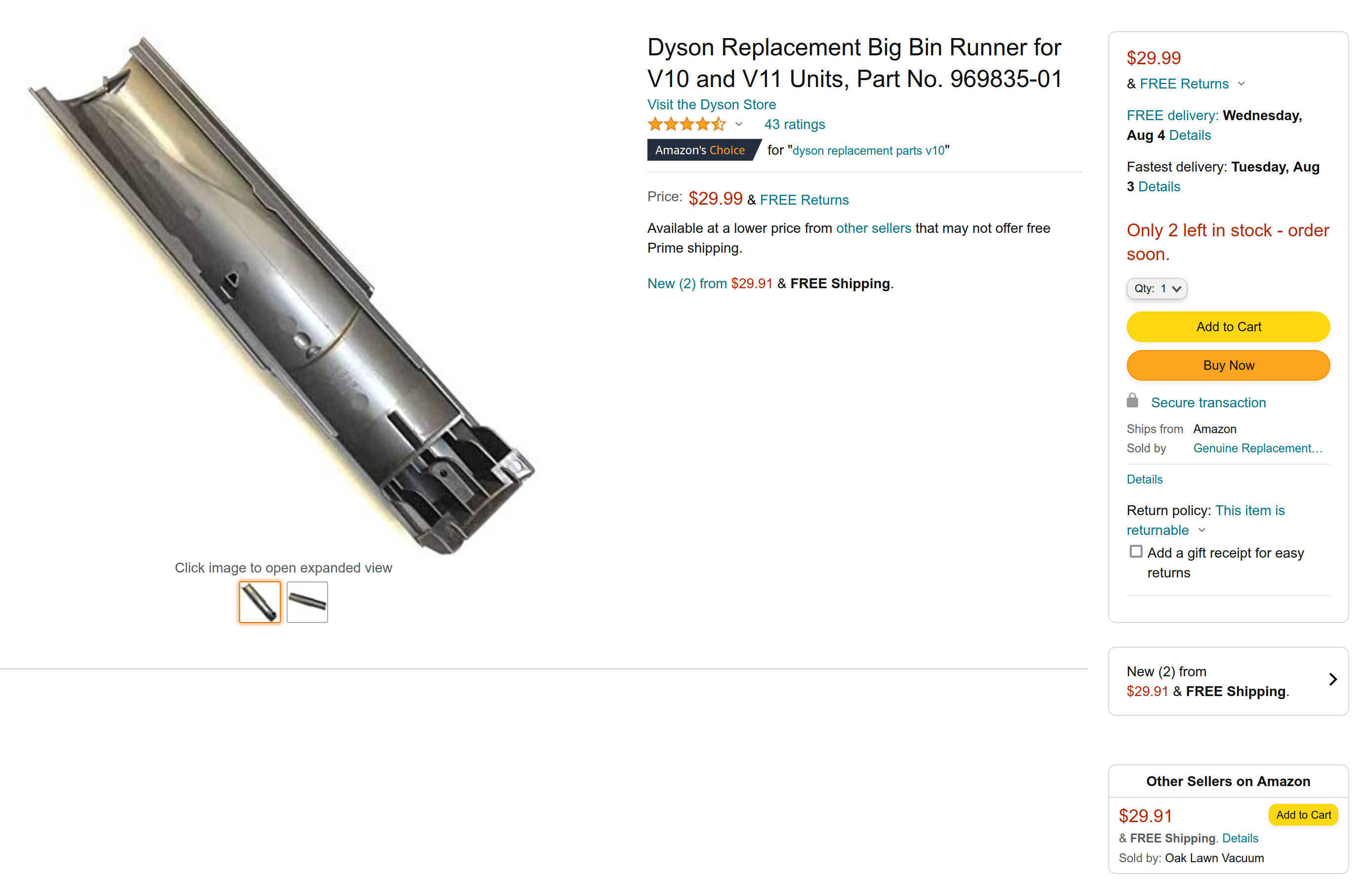 Dead Amazon page where Dyson Big Bin Runner 969835-01 at one time could be purchased.