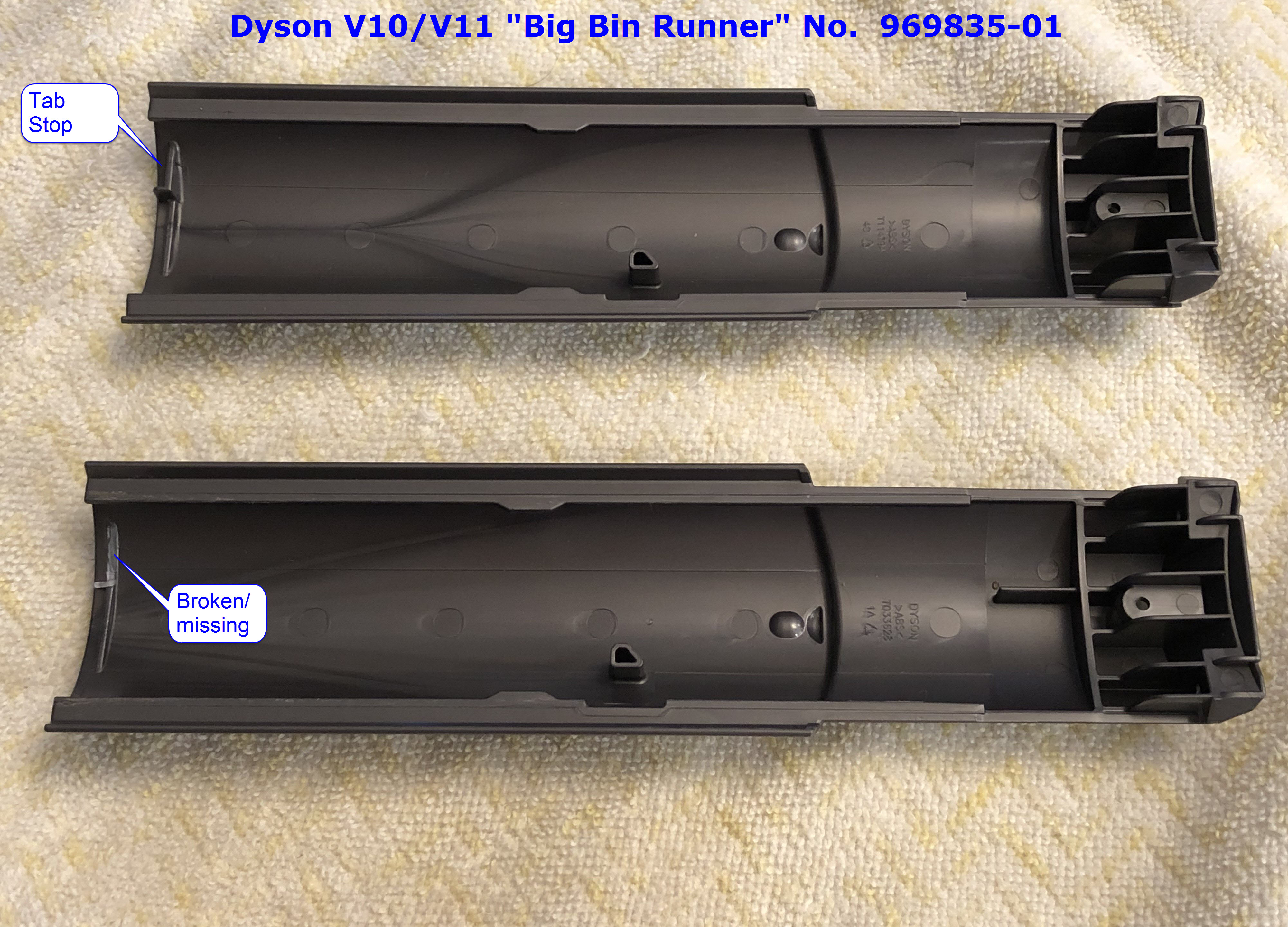 Dyson Big Bin Runners 969835-01: New on top, broken below.