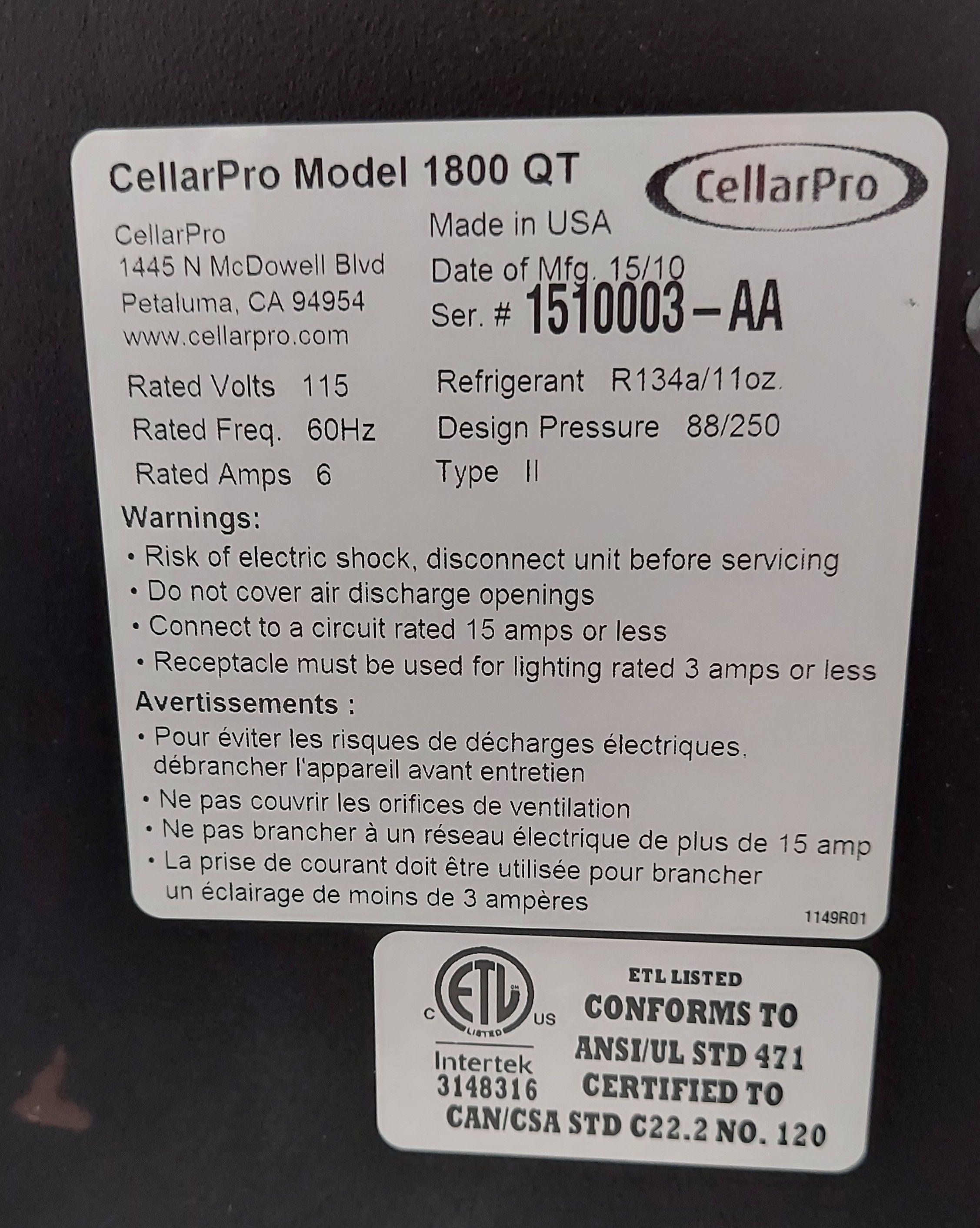 CellarPro 1800QT, 2015 vintage, nameplate info.