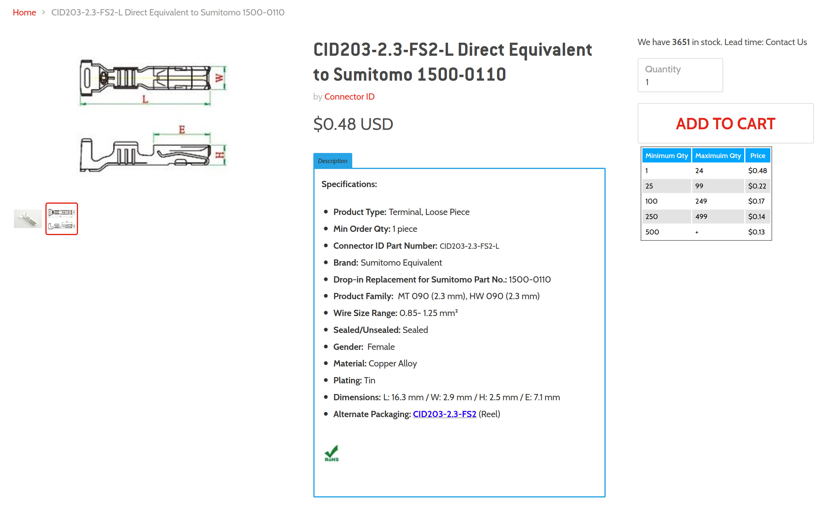 ConnectorID CID203-2.3-FS2-L terminal, sub for Sumitomo 1500-0110.