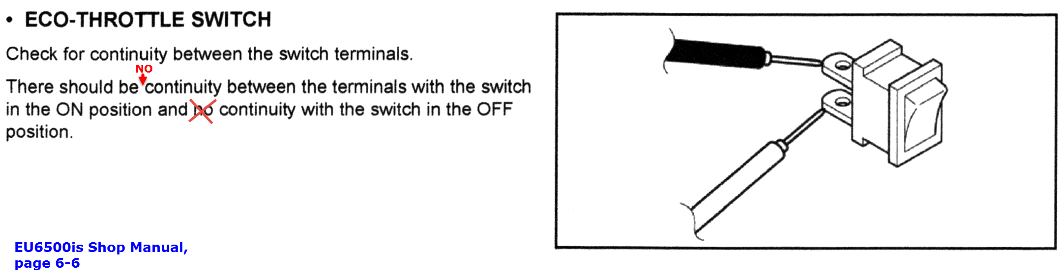 Honda EU6500is Shop Manual, page 6-6, with incorrect EcoThrottle switch testing description.