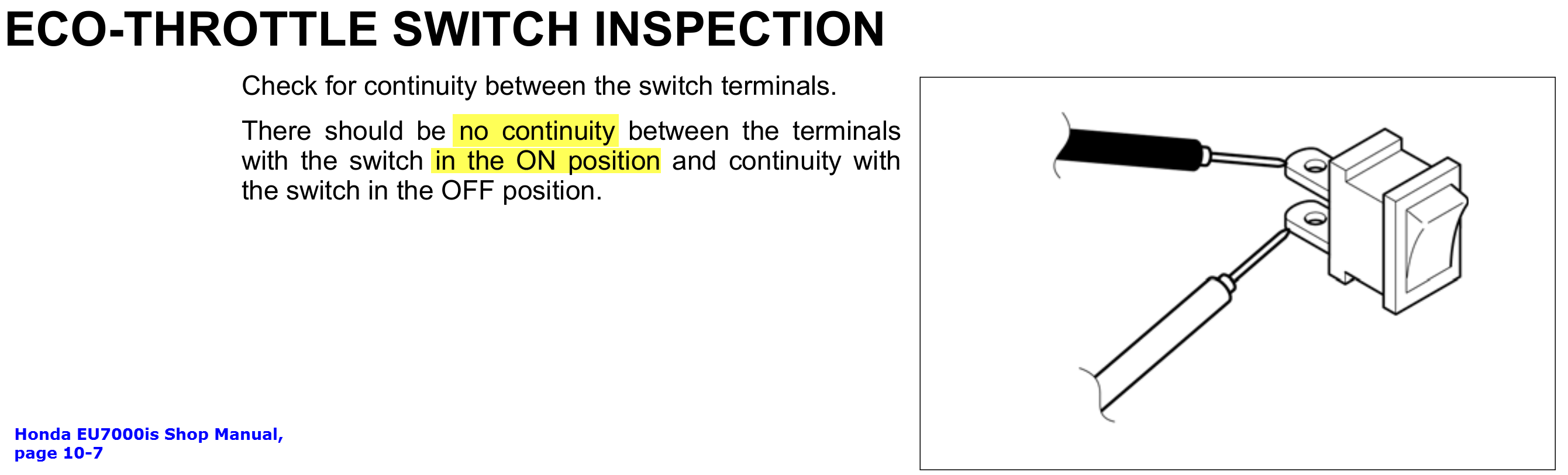 Honda EU7000is EcoThrottle switch testing (from EU7000is Shop Manual, page 10-7).