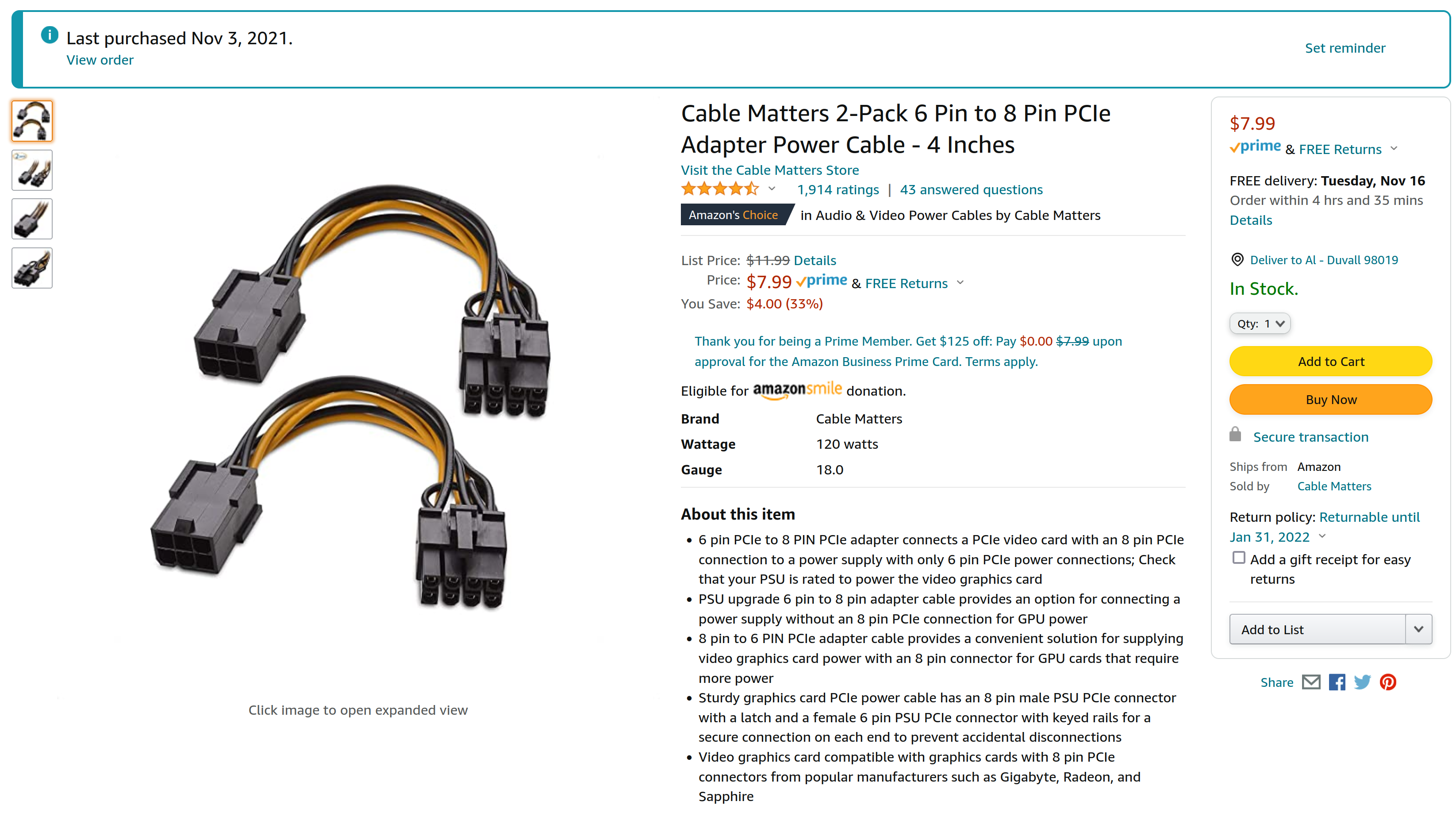 Cable Matters 104042x2 PCIe 6-pin to 8-pin adapter.