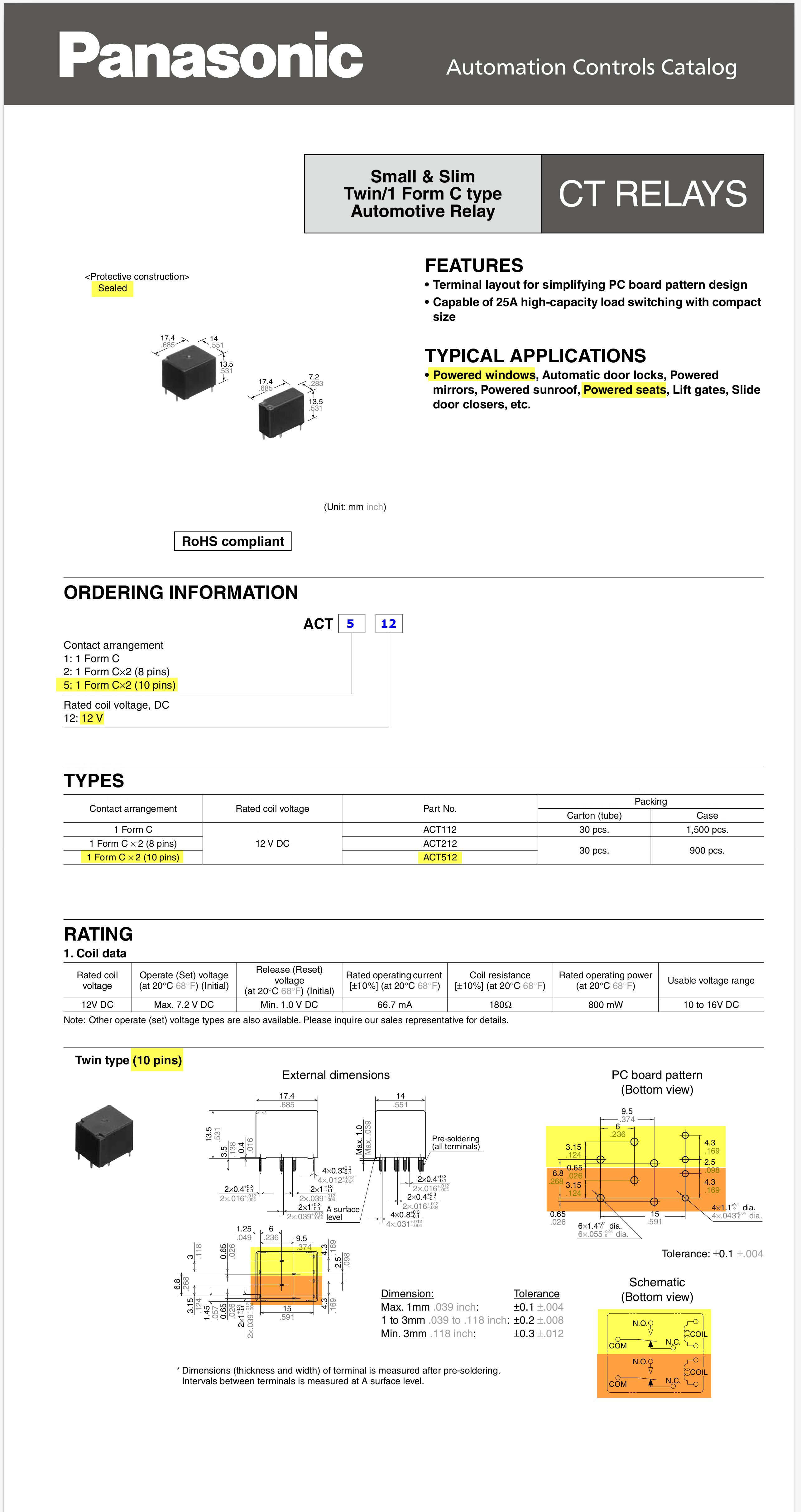 Panasonic ACT512 Relay pkg., Form C x2, datasheet markup