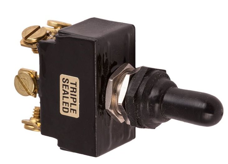 Switch, &quot;Triple Sealed&quot; DPDT (ON)-OFF-(ON), 20A, screw terminals.  Front/side view.