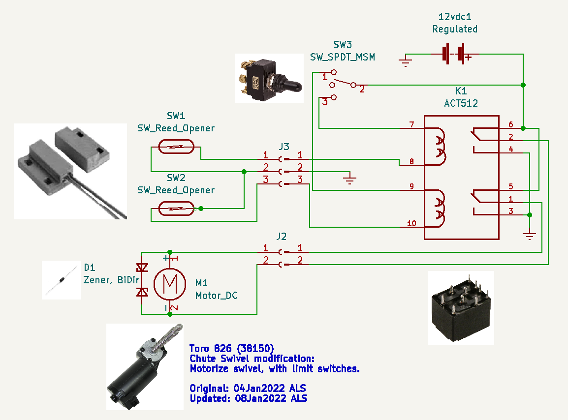 Tweaked DC Motor Reversing Circuit with Relays, Limit Switches, and TVS.
