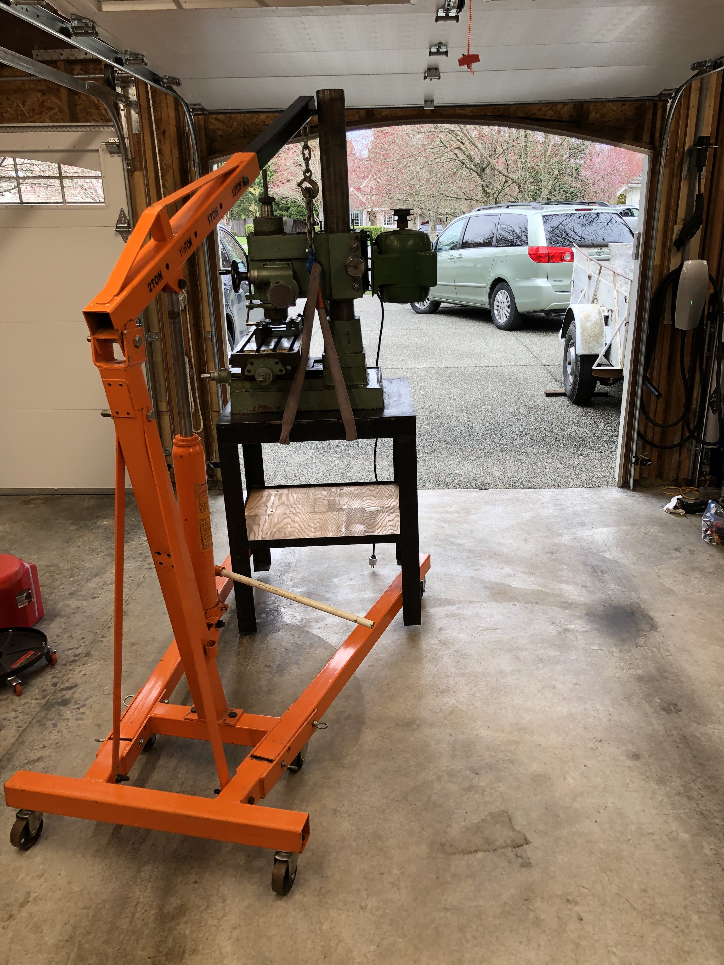 Jet-16 Mill/Drill, in garage @ Duvall, Wash. Moving to driveway with engine hoist.