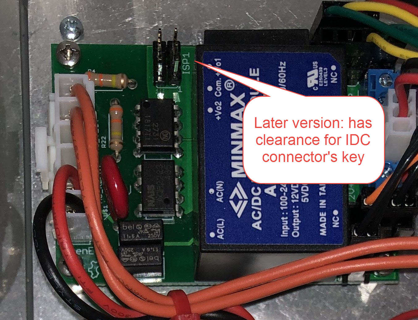Later OpenEVSE controller, showing the DC-DC converter has been moved to allow room for ISP IDC connector key.