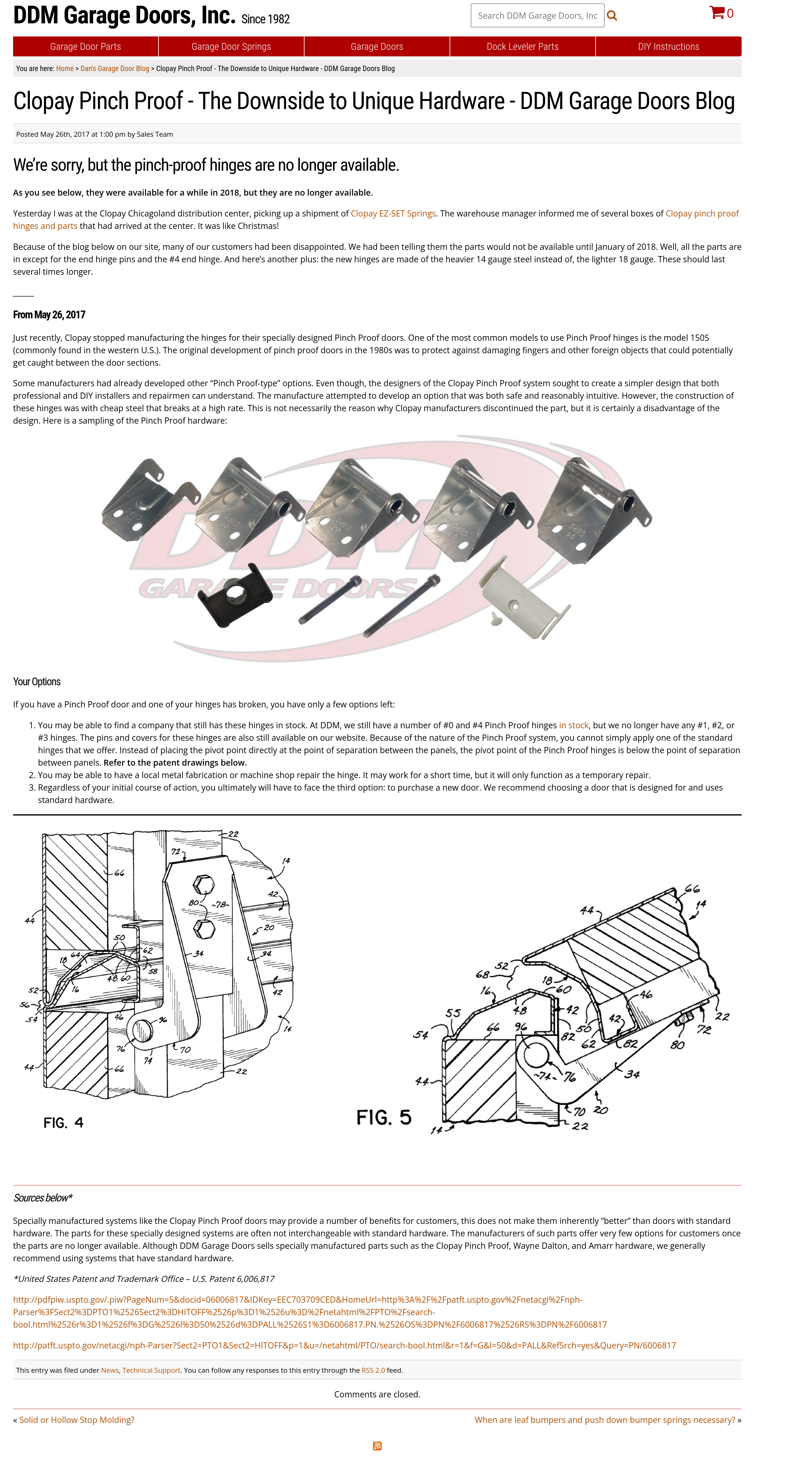 DDM Garage Doors blog page on the discontinuance of Clopay Pinch-Proof hinges in 2018.