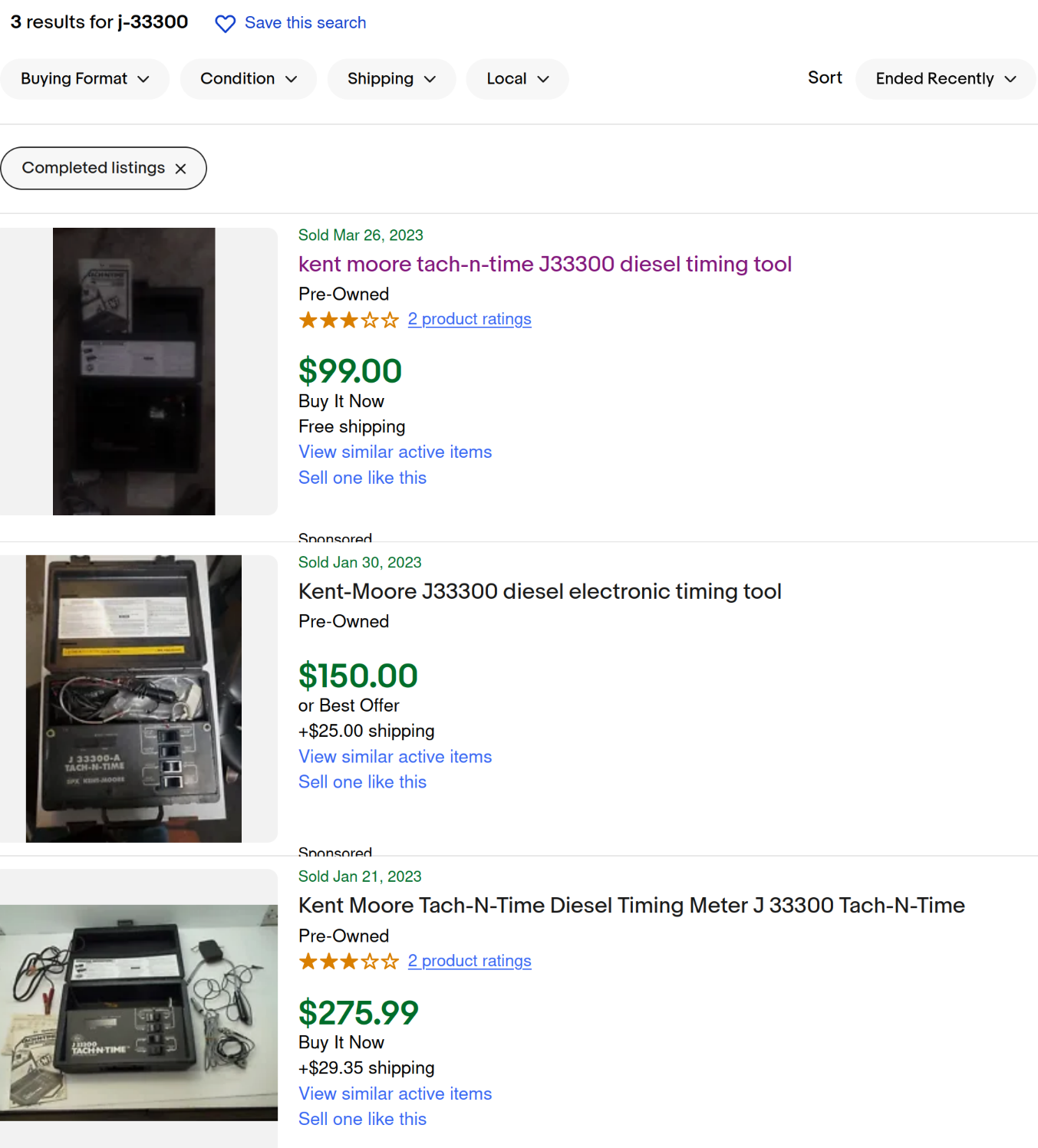 eBay results of recent sales of J-33300