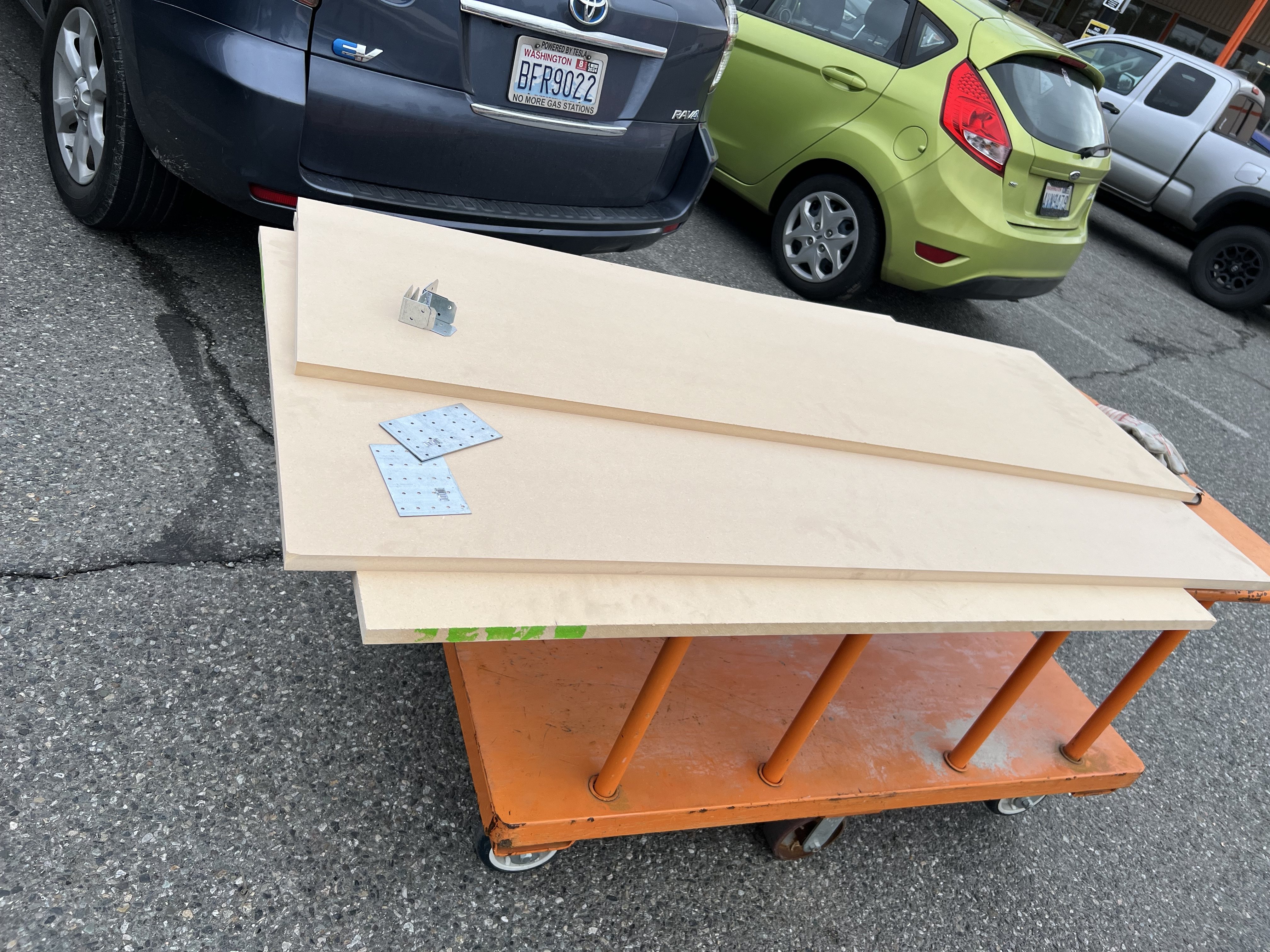 Home Depot parking lot with freshly ripped MDF, $70.