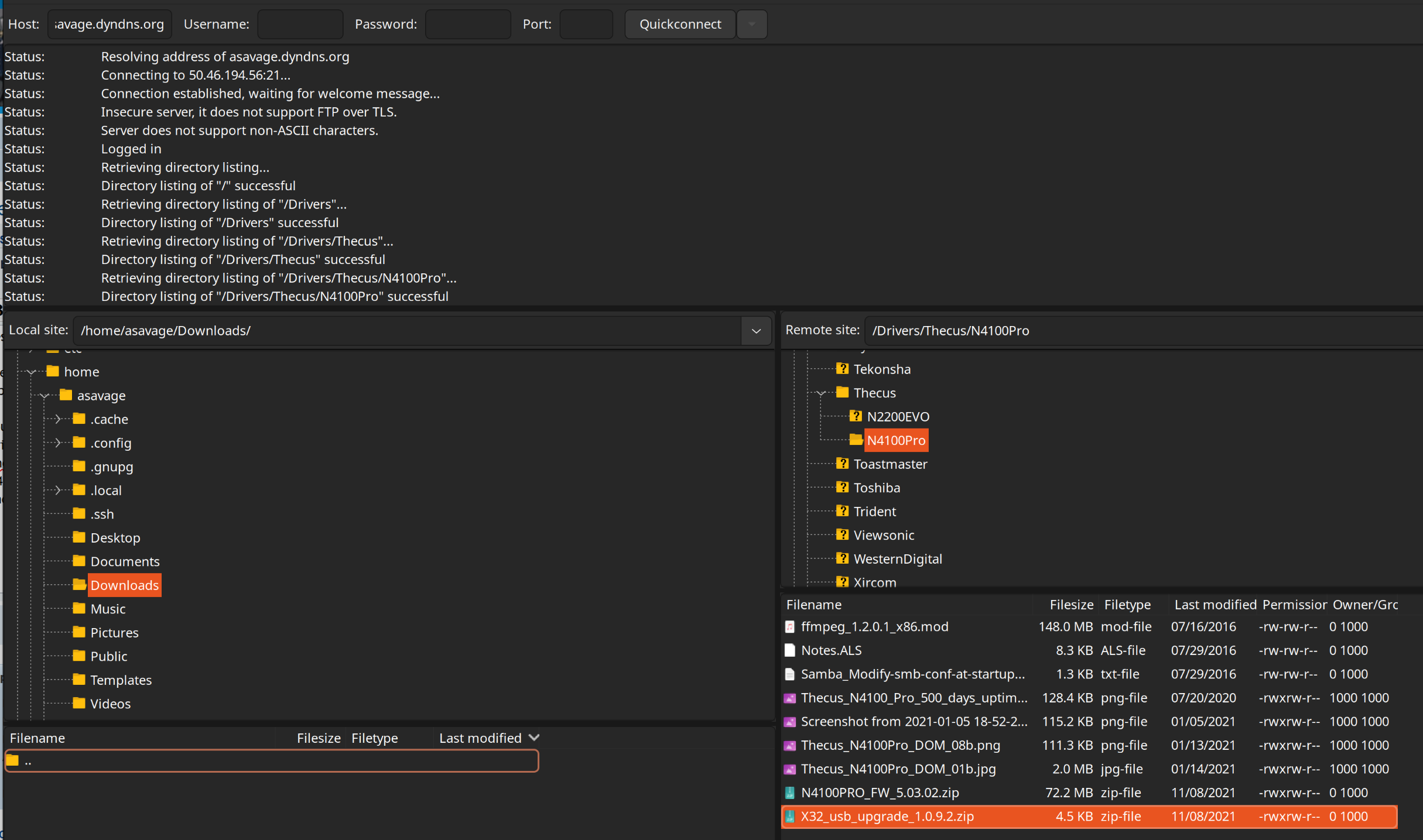 Screenshot of Filezilla, pointed to a file and ready to download.