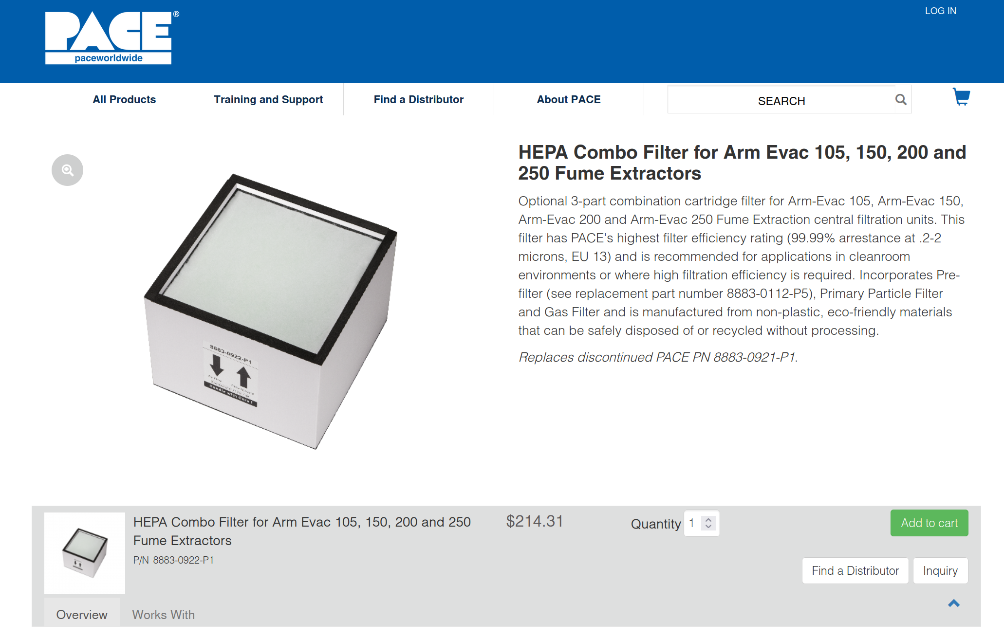 HEPA filter for Pace ARM EVAC 105, 150, 200, and 250 models fume extractor, pricing