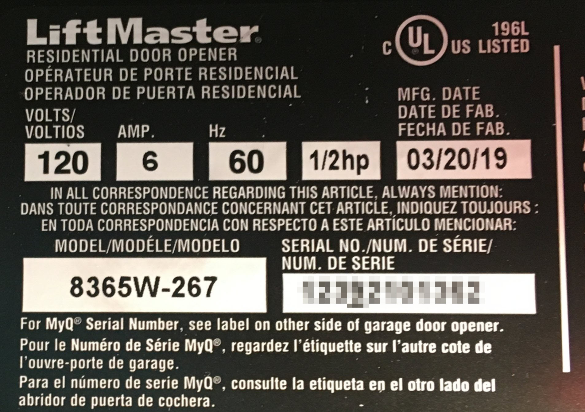 LiftMaster &quot;front end&quot; with Model No. and different serial No.