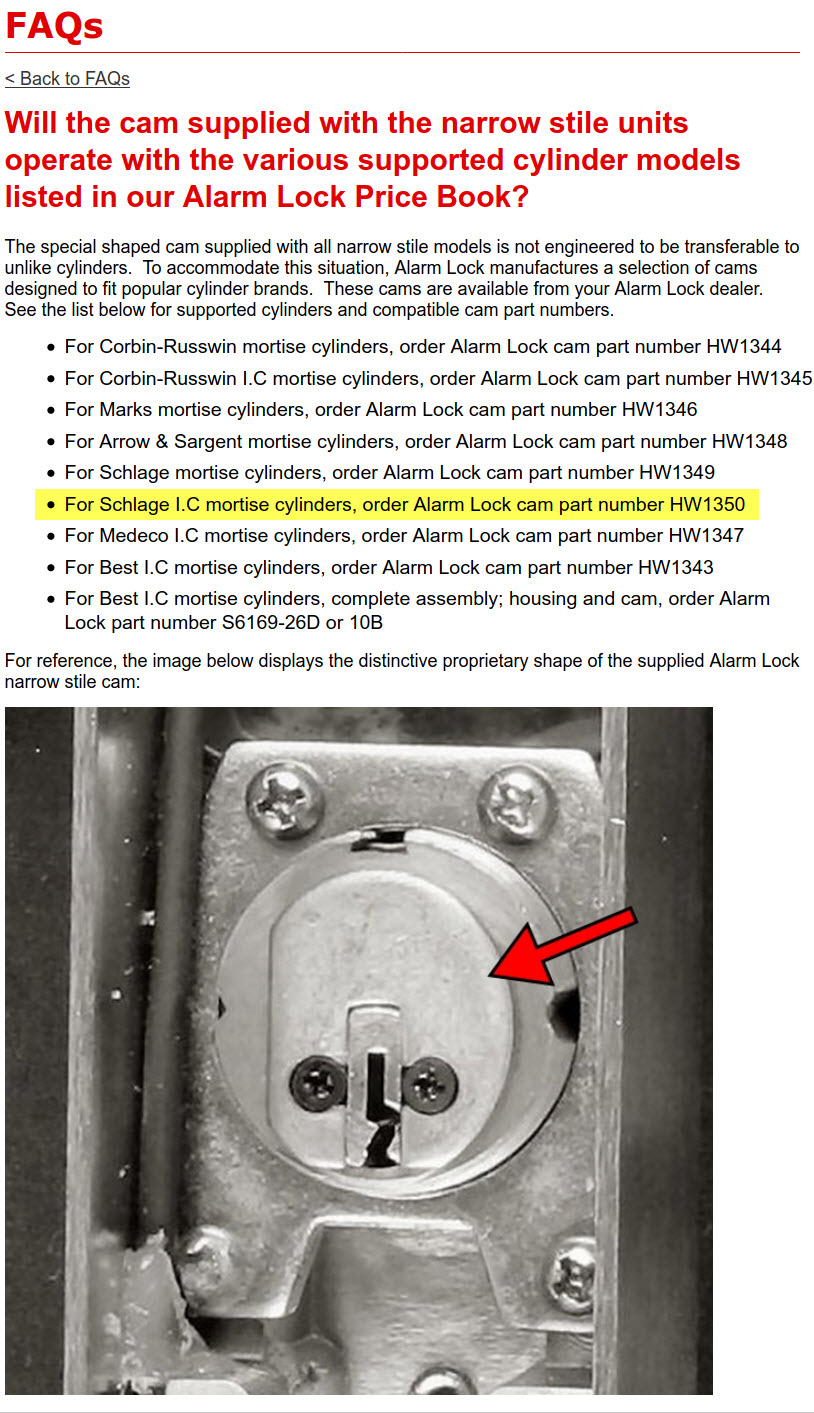 Alarm Lock DL1300 mortise cyl. cams info