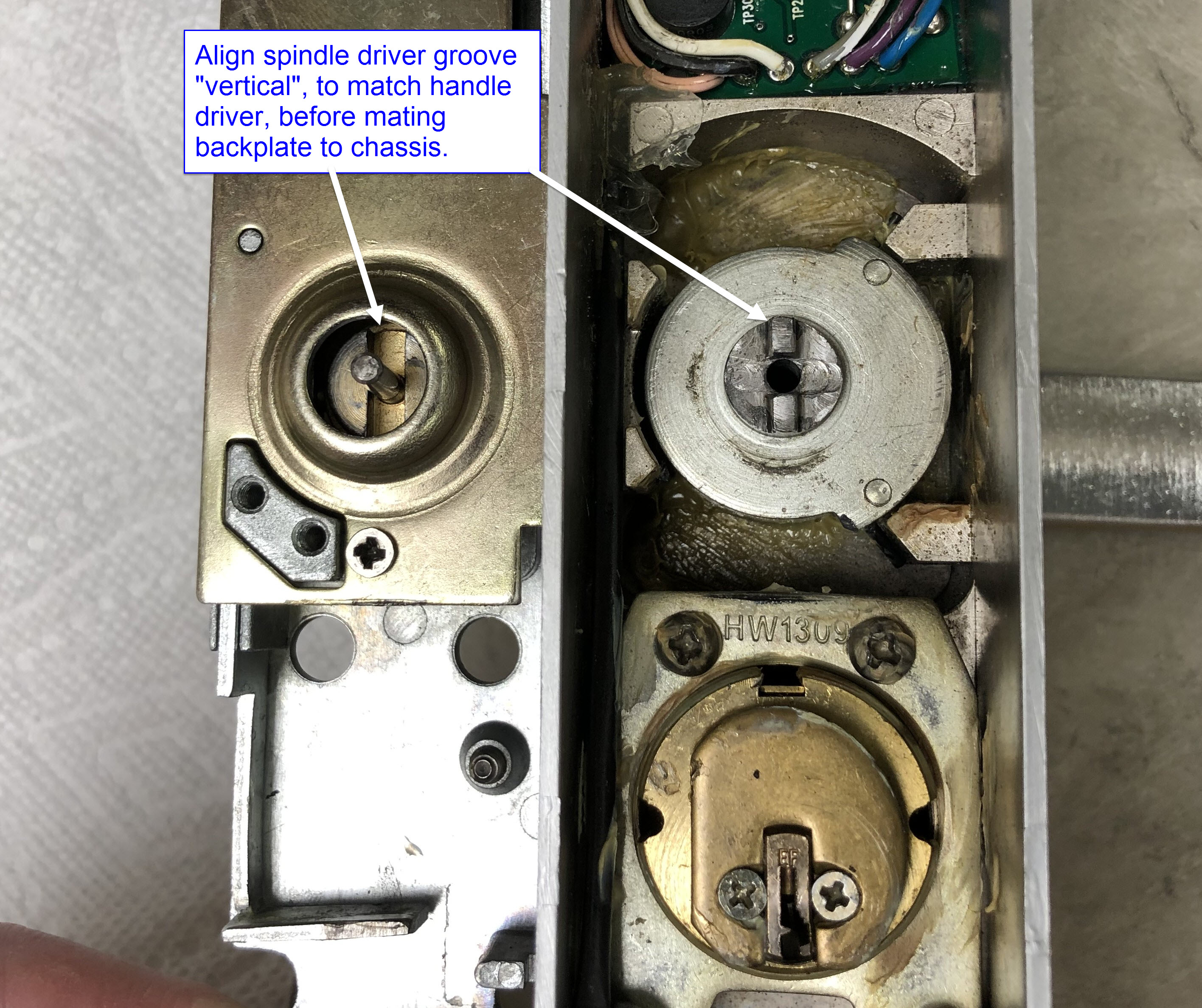 Align spindle driver on backplate to "vertical" before assembly.