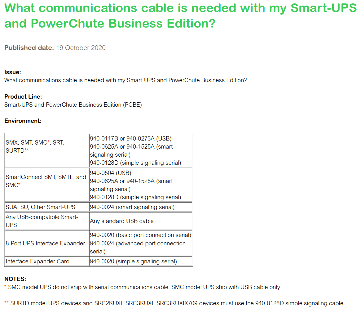 APC Smart UPS interface cables