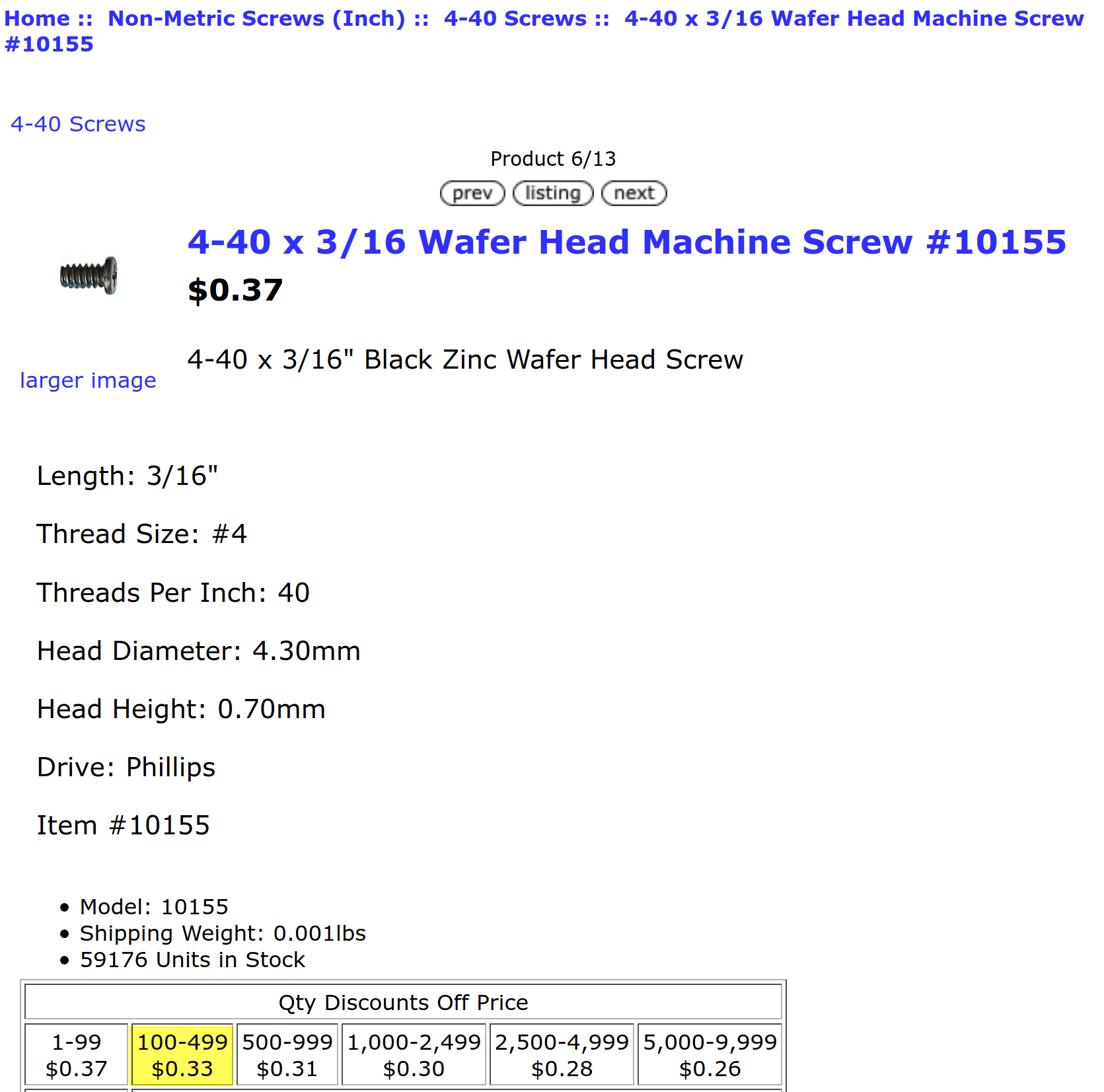 Wafer-head screw, 4-40 x 3/16&quot;