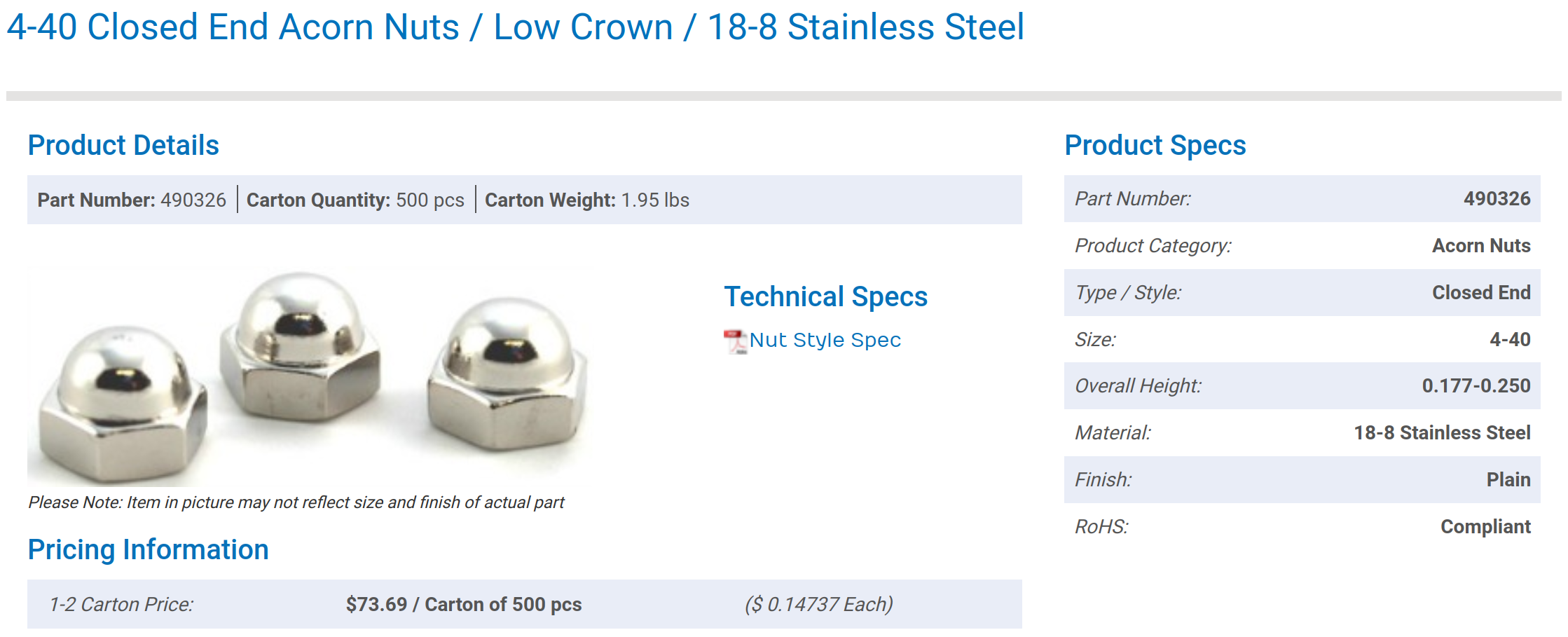 Acorn nuts, 4-40, 18-8 SS